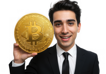 Happy businessman holding a large bitcoin isolated on transparent background