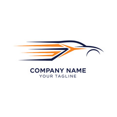 Obraz premium Sleek, stylized silhouette of a sports car with dynamic orange and blue streaks conveying speed and motion, accompanied by placeholder text for company name and tagline.