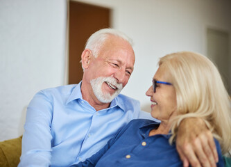 Portrait of a happy senior couple embracing talking at home