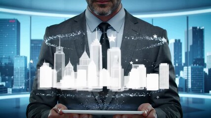Professional businessman holds tablet with holographic city projection featuring modern skyscrapers, digital architecture visualization. Corporate executive presents futuristic urban development - Powered by Adobe