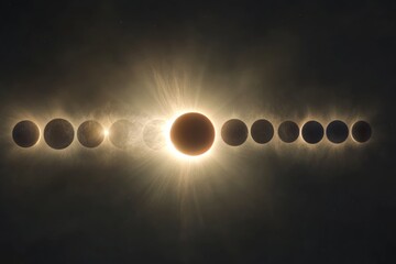 Obraz premium Solar eclipse phases in sequential alignment with glowing corona