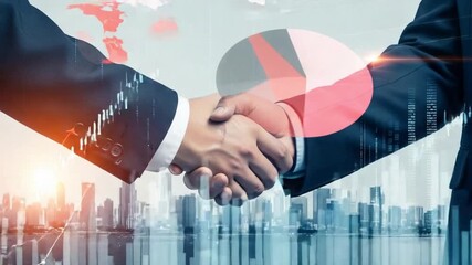 Business handshake with city skyline and stock market graph overlay showing partnership success - Powered by Adobe