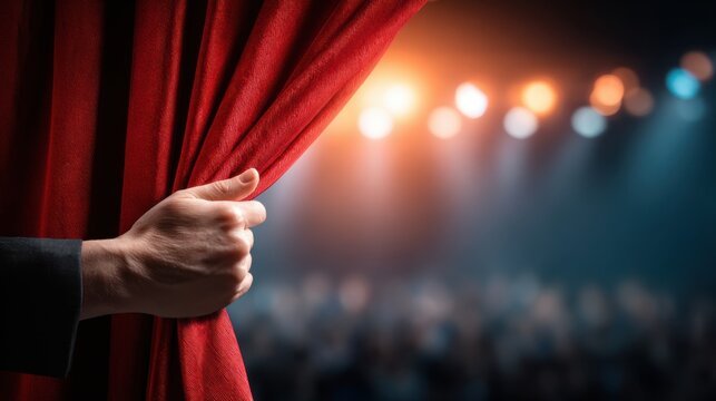 A hand grips the edge of a red theater curtain, ready to reveal the upcoming performance. The audience waits in anticipation, surrounded by vibrant stage lights that illuminate the air.