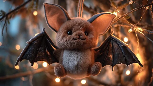 plush bat with a friendly face hanging from a miniature Halloween tree, fairy lights glowing