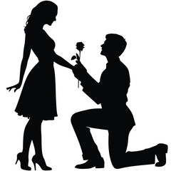 A Man Proposing with a Rose a Beautiful Moment of Love and Commitment Unveiled in Darkness Romantic Silhouette  vector 