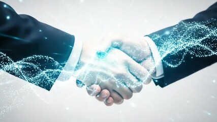 A digital handshake between two business partners with glowing blue network overlay effect visible - Powered by Adobe