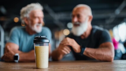 Medium closeup of experienced nutrition veterans sharing perspectives on protein trends with blurred fitness trackers and shake bottles enhancing focus on expert opinions.