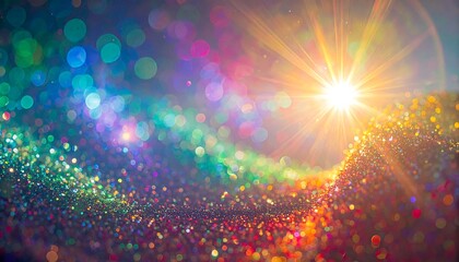 A vibrant display of colorful bokeh and glitter, illuminated by a brilliant sunburst, creating a joyful and radiant atmosphere.