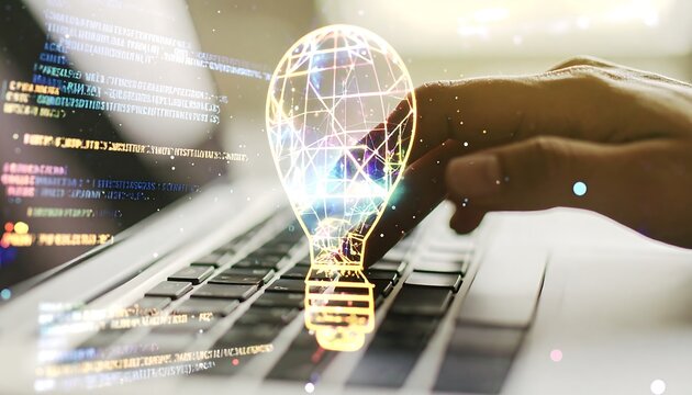 A person types on a laptop keyboard while a glowing lightbulb graphic overlays the keys, symbolizing innovation and creative thinking.