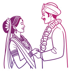 Elegant Indian Wedding Illustration Depicting a Bride and Groom Exchanging Garlands in a Traditional Ceremony of Love