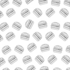 Seamless pattern with cheeseburger in line style, hand drawn vector illustration.