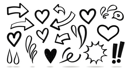 Line marker hand drawn brush arrow element set. Sketch pencil stroke vector graphic pen underline scribble icon. Hand drawn line heart, crown, star symbol highlight marker shape. Vector illustration