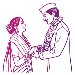 Elegant Indian Wedding Illustration Depicting a Bride and Groom Exchanging Garlands in a Traditional Ceremony of Love