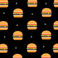 Seamless pattern of fast food burgers on a black background. Vector illustration.