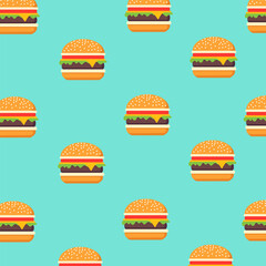 Seamless pattern with burgers on a blue background. Bright colorful vector pattern with burgers in a flat style. Seamless pattern with hamburgers for packaging, texture and printing.
