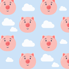 Vector flat illustration of animals for kids. Seamless pattern with cute muzzle on blue background. Adorable cartoon character. Design for textures, cards, posters, fabrics, textiles.