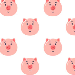 Vector flat illustration of animals for kids. Seamless pattern with cute pig face on white background. Adorable cartoon character. Design for textures, cards, posters, fabrics, textiles.