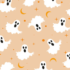 Happy Halloween party, seamless background with cute ghost.Holiday cartoon character.Vector