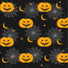Jack o lantern. Spooky vector seamless pattern with pumpkin head and spider web on black background. Autumn flat style illustration for Halloween holiday decoration, wrapping paper, background.