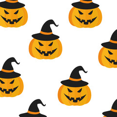 Seamless pattern scary halloween pumpkin in witch hat on white background. Halloween decoration element.