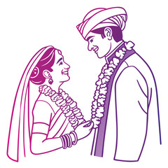 Elegant Indian Wedding Illustration Depicting a Bride and Groom Exchanging Garlands in a Traditional Ceremony of Love