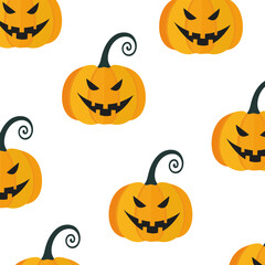 Jack o lantern. Spooky vector seamless pattern with carved pumpkin head. Autumn flat style illustration for Halloween holiday decoration, wrapping paper, background.