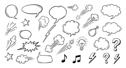 Comic boom cartoon effect line element set. Comic speech bubble pow, boom text, explosive splash smoke, wow cartoon vector icon. Hand drawn sketch doodle explosive element. Vector illustration.