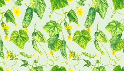Watercolor cucumber pattern on a light mint background