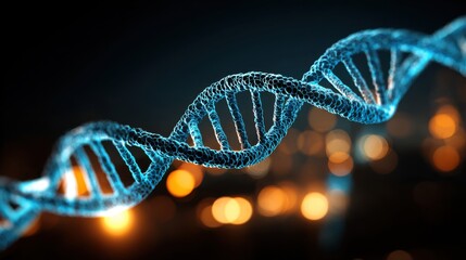 A detailed depiction of a double helix DNA strand, vividly illuminated in blue, set against a backdrop of soft, blurred lights. The design emphasizes the intricacies of genetic structures.