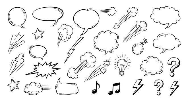 Comic boom cartoon effect line element set. Comic speech bubble pow, boom text, explosive splash smoke, wow cartoon vector icon. Hand drawn sketch doodle explosive element. Vector illustration.