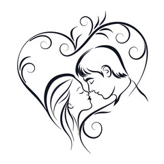 Elegant Line Art Illustration of a Couple Kissing Inside a Heart Shape Romantic Minimalist Design for Valentine's Day or Wedding