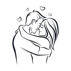 Passionate Embrace A Line Art Depiction of a Loving Couple Sharing a Kiss Surrounded by Hearts