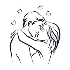 Passionate Embrace A Line Art Depiction of a Loving Couple Sharing a Kiss Surrounded by Hearts