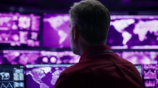 Security analyst monitoring global data on purple digital screens. Control center operations, surveillance network technology. Intelligence command dashboard, cyber defense systems tracking.