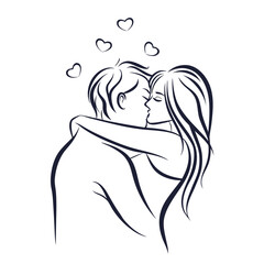 Passionate Embrace A Line Art Depiction of a Loving Couple Sharing a Kiss Surrounded by Hearts