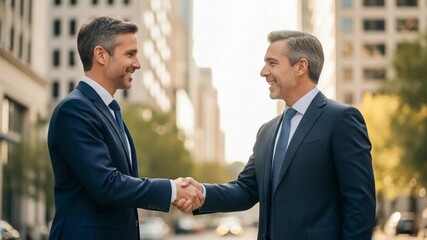 Two businessmen in suits shake hands in a city with buildings in the background on a sunny day - Powered by Adobe
