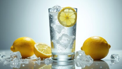 Refreshing cold drink glass filled with clear liquid, ice cubes, lemon slices. Whole lemons, ice scattered around base. Perfect for representing summer refreshment, healthy lifestyle, citrus