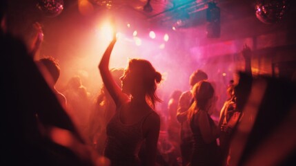 A lively club filled with people dancing under colorful lights, creating an energetic atmosphere. Music pulses as individuals enjoy the night, lost in the rhythm.