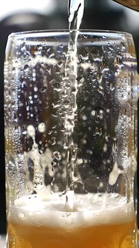 Refreshing condensation beads cascade down a frosted cold beer stein, glistening on a warm, sunlit afternoon.