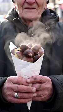 Close-up hand receives a paper cone brimming with hot, freshly roasted nuts from a street vendor, steam elegantly rising into the crisp, cold air.