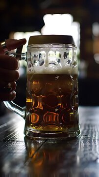 A hand firmly sets a heavy, overflowing beer stein onto a rustic wooden table, creating a satisfying, solid thud.