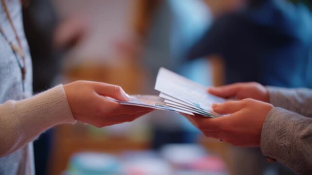 Medium shot of hands exchanging informational pamphlets on mental wellness in a stigmafree training session with the main objects sharply focused and the surrounding workshop scene