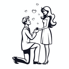 Charming Proposal Illustration A Man Kneels Offering a Ring to an Elegant Woman Surrounded by Symbolic Hearts of Love
