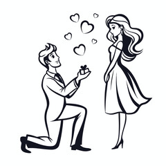 Charming Proposal Illustration A Man Kneels Offering a Ring to an Elegant Woman Surrounded by Symbolic Hearts of Love
