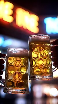 Hands clinking frothy beer steins in a celebratory toast, set against the blurred, vibrant bokeh of a bustling city nightlife scene.