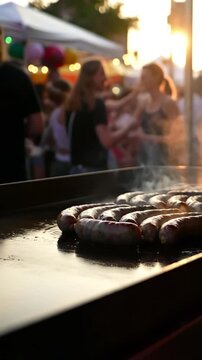 Sizzling bratwurst grilling outdoors at a vibrant street festival, steam rising into the bustling city air, capturing a delicious culinary moment.