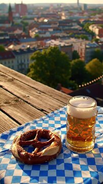 Blue and white checkered tablecloth with half-eaten pretzel and full beer stein on balcony, city view.