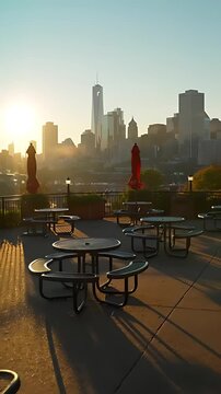 Golden sunrise illuminates towering city skyscrapers, casting light on building tops, with a serene, empty beer garden below.