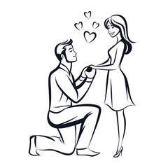 Charming Proposal Illustration A Man Kneels Offering a Ring to an Elegant Woman Surrounded by Symbolic Hearts of Love