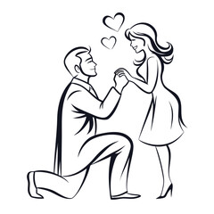 Charming Proposal Illustration A Man Kneels Offering a Ring to an Elegant Woman Surrounded by Symbolic Hearts of Love
